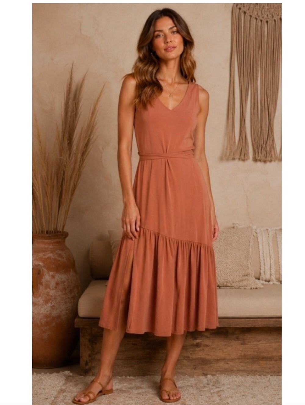 Banana Republic Honey Nude Tiered Belted Midi Sleeveless Dress - XS Petite